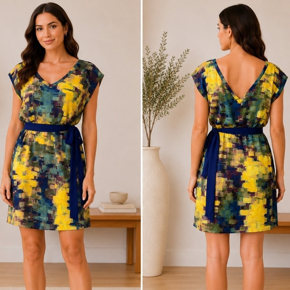 Maeve Silk Shift Dress Size 6 Multicolor Abstract Belted V-Neck Anthropologie